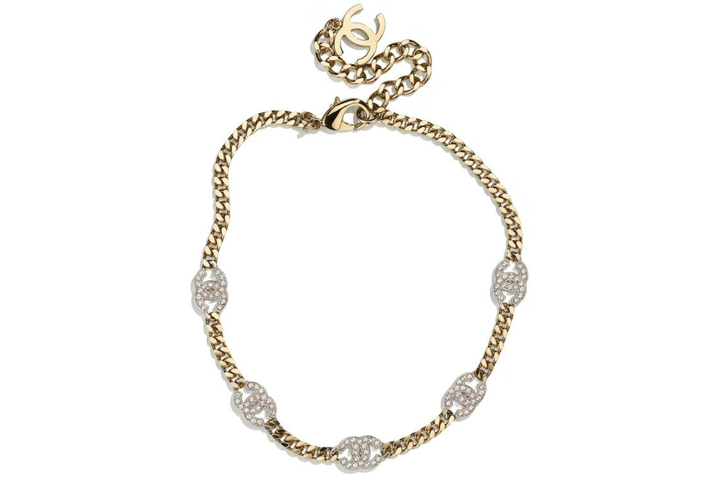 Chanel Interlocking Choker Necklace Gold/Silver/Crystal